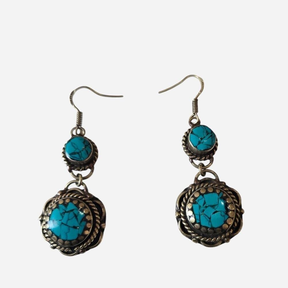STERLING SILVER Mosaic Turquoise Cluster Earrings